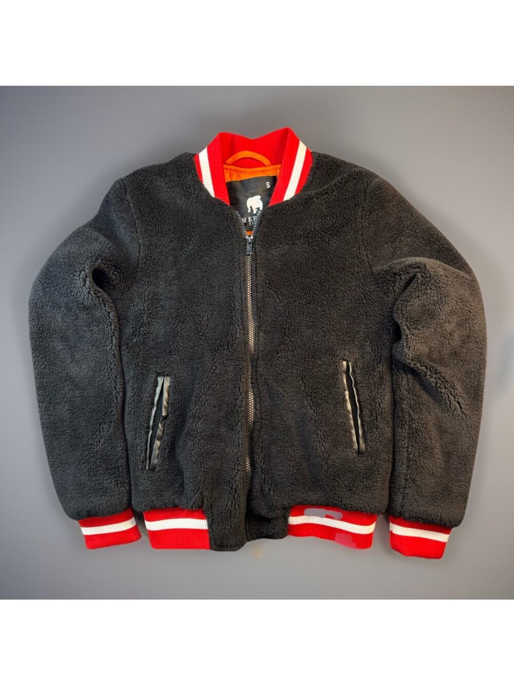 American Stitch Womens Small Sherpa Teddy Bomber Jacket Black Orange Lined -773